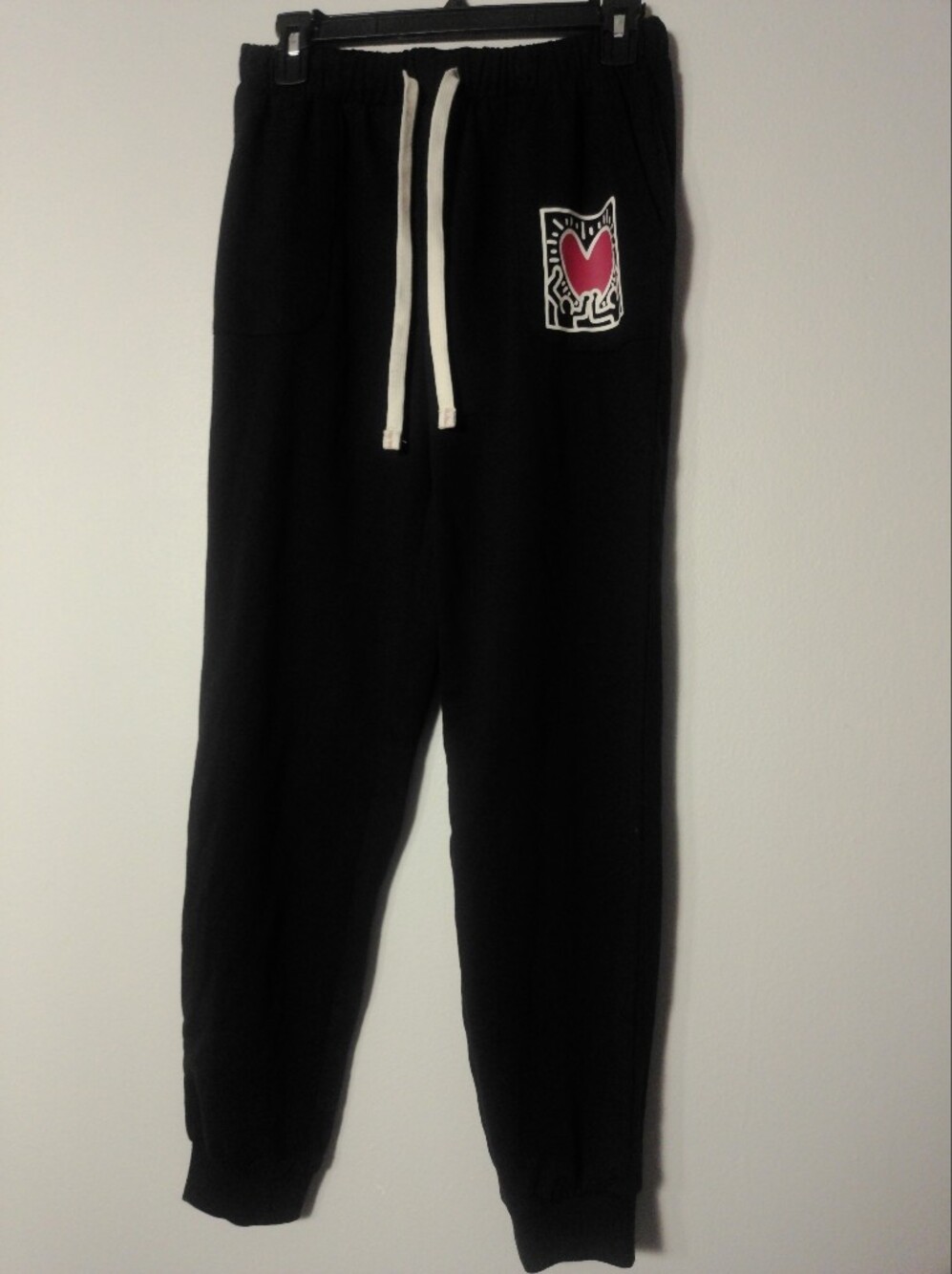 Black Joggers with Pink Heart Patch and White Drawcord